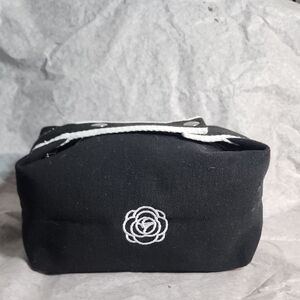 Black Canvas Camellia Cosmetic Bag with White Floral Logo